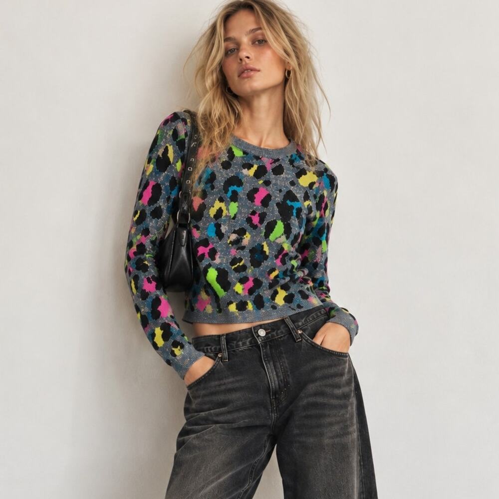 Alice + Olivia Rhodes Sweater Neon Leopard Metallic Gray Women’s Small